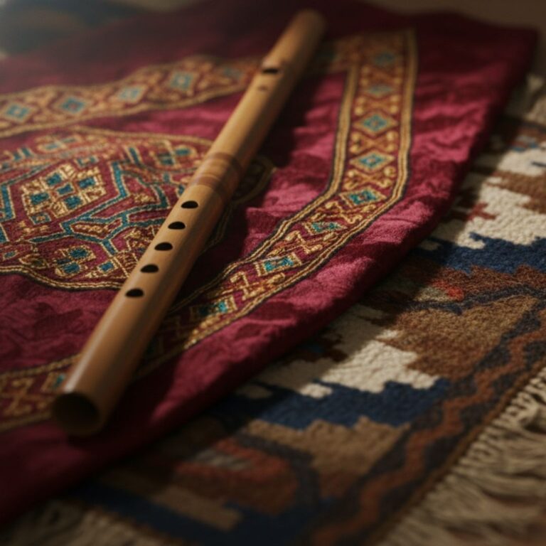 Wooden flute resting on richly patterned textiles with intricate designs.